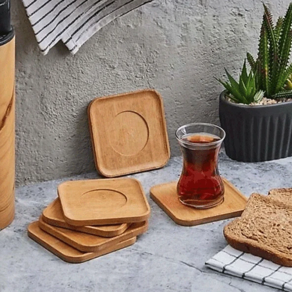 6’lı Bambu Kare Çay Tabağı Seti 10X10 cm, Doğal Ahşap Görünümlü Servis Tabakları ürün görseli 1