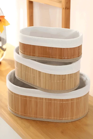 Bambu 3’lü Oval Kutu Organizer Seti - Doğal Bambu Saklama ve Düzenleyici Seti ürün görseli 1