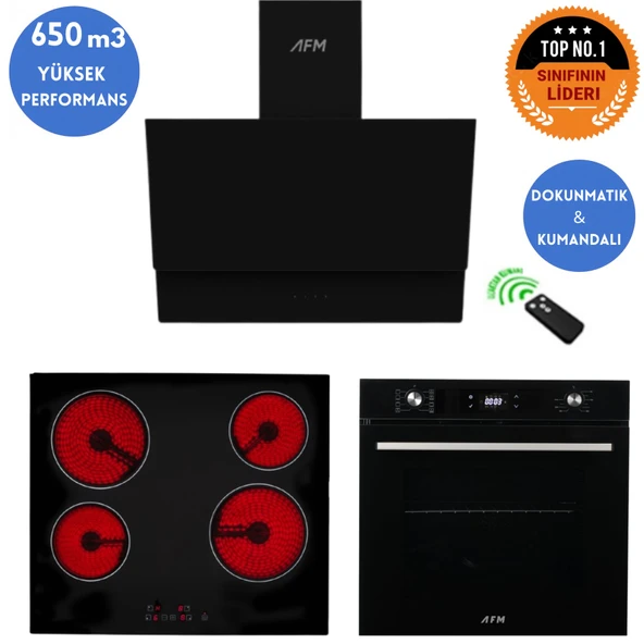 Eminçelik ve AFM Tech MARKALI/ DUO Elektrikli Vitro. Siyah  Ankastre Set (VC640 +FM7700+FM3400) ürün görseli 1