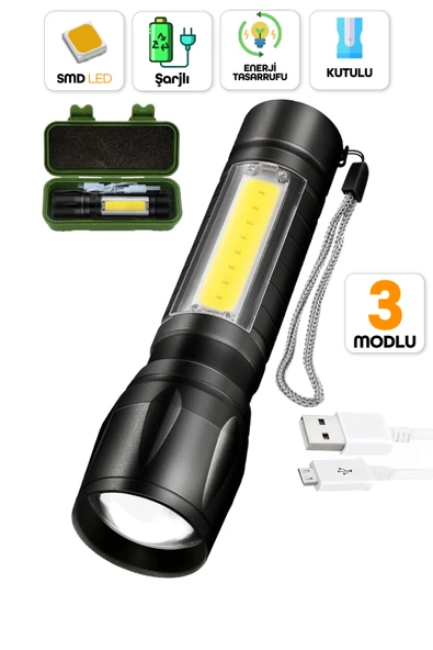 3 MOD METAL Şarjlı El Feneri Zoomlu Mini Boy Type-C Kutulu COB LED Lamba Acil Durum Işığı 47701 ürün görseli 1