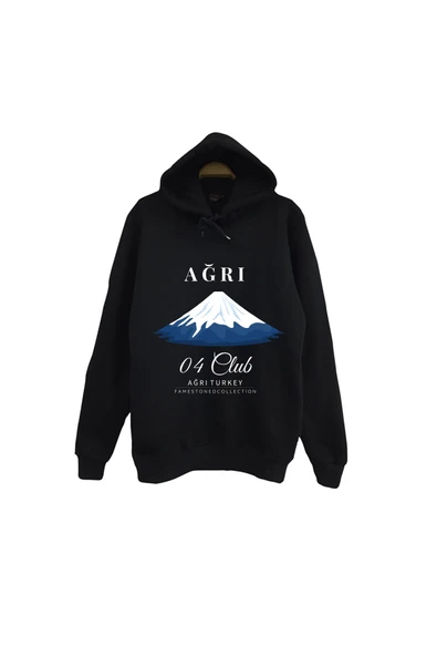 fame-stoned Ağrı - 04 - Dağ - Ağrı Dağı - Şehir Baskılı Unisex %100 Pamuk Kapüşonlu Siyah Sweatshirt ürün görseli 1