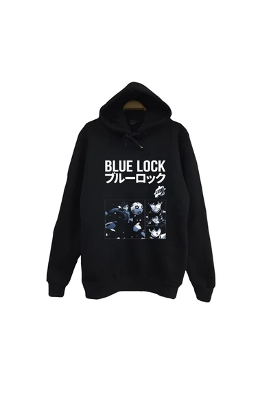fame-stoned Blue Lock Anime Baskılı Unisex %100 Pamuk Kapüşonlu Siyah Sweatshirt ürün görseli 1