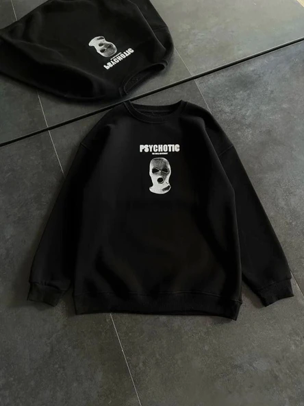 Kışlık Bisiklet Yaka Baskılı SweatShirt - Siyah - Resim 2
