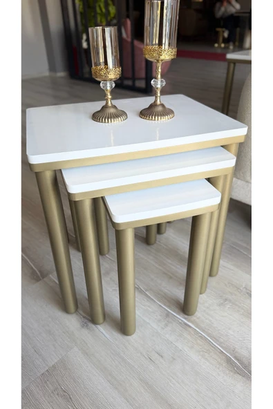 3LÜ BOHEM ZİGON SEHPA BEYAZ BRONZ - Resim 2