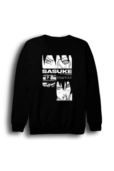 fame-stoned Naruto - Sasuke Uchiha - Anime Baskılı Unisex %100 Pamuk Bisiklet Yaka Siyah Sweatshirt ürün görseli 1