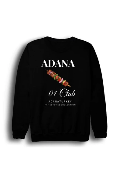fame-stoned Adana - 01 - Kebap - Şehir Baskılı Unisex %100 Pamuk Bisiklet Yaka Siyah Sweatshirt ürün görseli 1