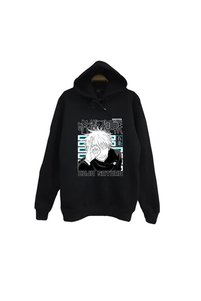 fame-stoned Jujutsu Kaisen Satoru Gojo Anime Baskılı Unisex %100 Pamuk Kapüşonlu Siyah Sweatshirt ürün görseli 1