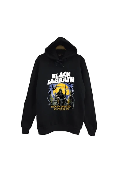 fame-stoned Black Sabbath Baskılı Unisex %100 Pamuk Kapüşonlu Siyah Sweatshirt ürün görseli 1