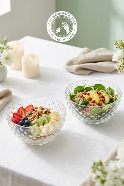 Selen Concept Bubble Model Küçük Boy El Yapımı Cam Çorba Kasesi ve Salata Sunumluk 2'li Set ürün görseli 1