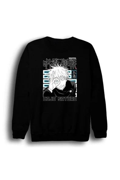 fame-stoned Jujutsu Kaisen Satoru Gojo Anime Baskılı Unisex %100 Pamuk Bisiklet Yaka Siyah Sweatshirt ürün görseli 1