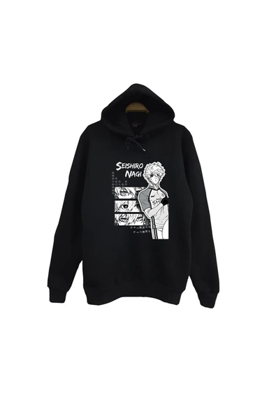 fame-stoned Blue Lock Nagi Seishiro Anime Baskılı Unisex %100 Pamuk Kapüşonlu Siyah Sweatshirt ürün görseli 1