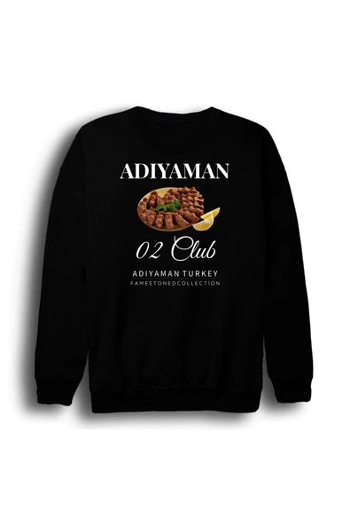 fame-stoned Adıyaman - 02 - Çiğköfte - Şehir Baskılı Unisex %100 Pamuk Bisiklet Yaka Siyah Sweatshirt ürün görseli 1