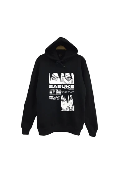 fame-stoned Naruto - Sasuke Uchiha - Anime Baskılı Unisex %100 Pamuk Kapüşonlu Siyah Sweatshirt ürün görseli 1