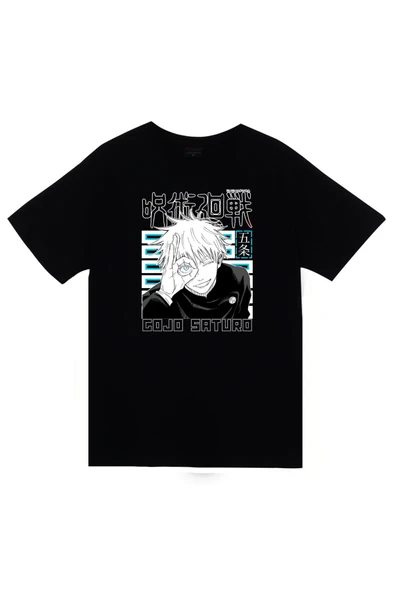 fame-stoned Jujutsu Kaisen Satoru Gojo Anime Baskılı Unisex %100 Pamuk Siyah T-shirt ürün görseli 1