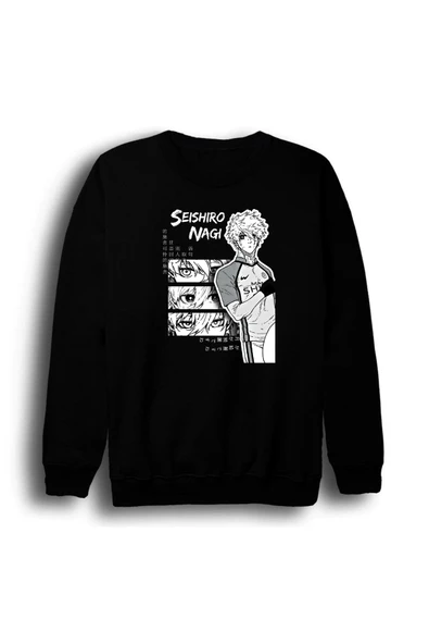 fame-stoned Blue Lock Nagi Seishiro Anime Baskılı Unisex %100 Pamuk Bisiklet Yaka Siyah Sweatshirt ürün görseli 1