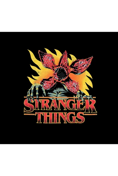 fame-stoned Stranger Things Demogorgon Baskılı Unisex %100 Pamuk Kapüşonlu Siyah Sweatshirt - Resim 2