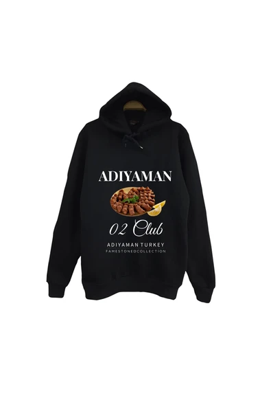 fame-stoned Adıyaman - 02 - Çiğköfte - Şehir Baskılı Unisex %100 Pamuk Kapüşonlu Siyah Sweatshirt ürün görseli 1
