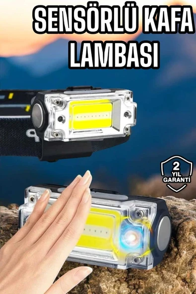 Beyaz Led Işık Sensörlü Kafa Lambası Lityum Batarya Led El Fenerli Şarjlı ürün görseli 1