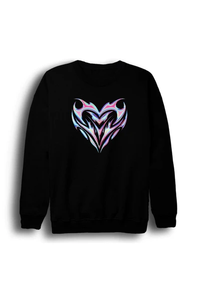 fame-stoned Irisdicent Hearth Baskılı Unisex %100 Pamuk Bisiklet Yaka Siyah Sweatshirt ürün görseli 1