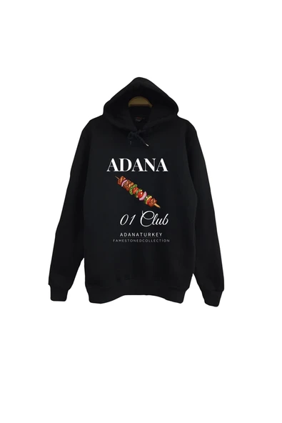 fame-stoned Adana - 01 - Kebap - Şehir Baskılı Unisex %100 Pamuk Kapüşonlu Siyah Sweatshirt ürün görseli 1