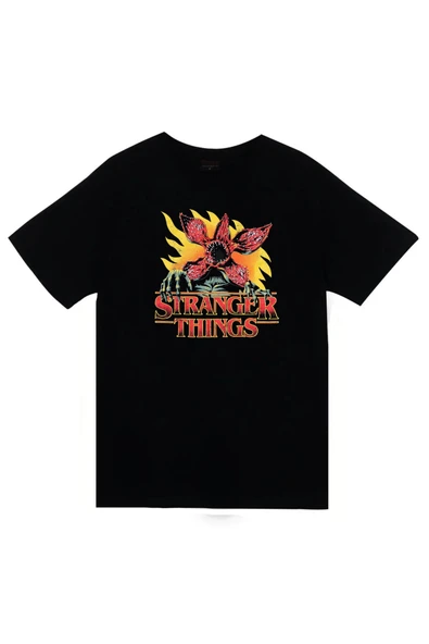 fame-stoned Stranger Things Demogorgon Baskılı Unisex %100 Pamuk Siyah T-shirt ürün görseli 1
