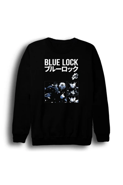 fame-stoned Blue Lock Anime Baskılı Unisex %100 Pamuk Bisiklet Yaka Siyah Sweatshirt ürün görseli 1