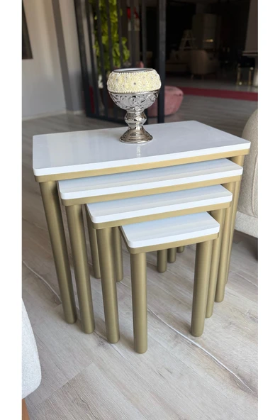 4LÜ BOHEM ZİGON SEHPA BEYAZ BRONZ - Resim 3