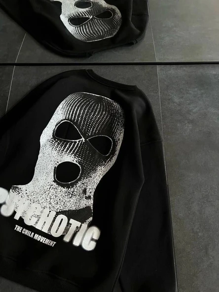 Kışlık Bisiklet Yaka Baskılı SweatShirt - Siyah - Resim 3