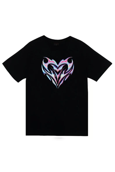 fame-stoned Irisdicent Hearth Baskılı Unisex %100 Pamuk Siyah T-shirt ürün görseli 1