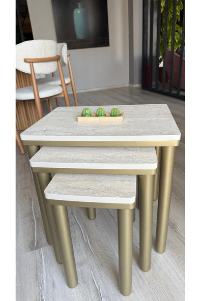 3LÜ BOHEM ZİGON SEHPA TRAVERTEN BRONZ - Resim 2