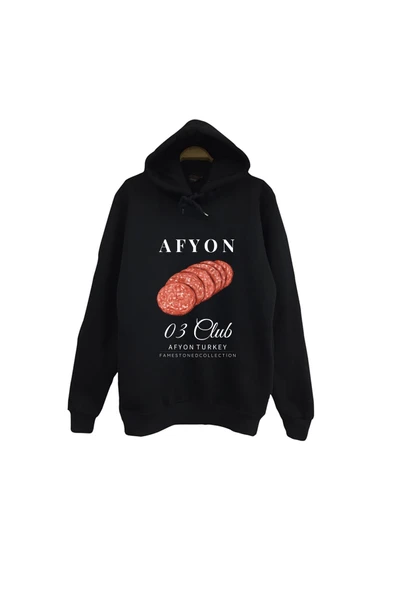 fame-stoned Afyon - 03 - Sucuk- Şehir Baskılı Unisex %100 Pamuk Kapüşonlu Siyah Sweatshirt ürün görseli 1