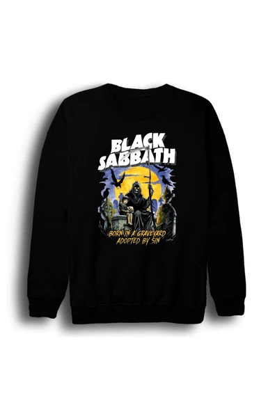 fame-stoned Black Sabbath Baskılı Unisex %100 Pamuk Bisiklet Yaka Siyah Sweatshirt ürün görseli 1