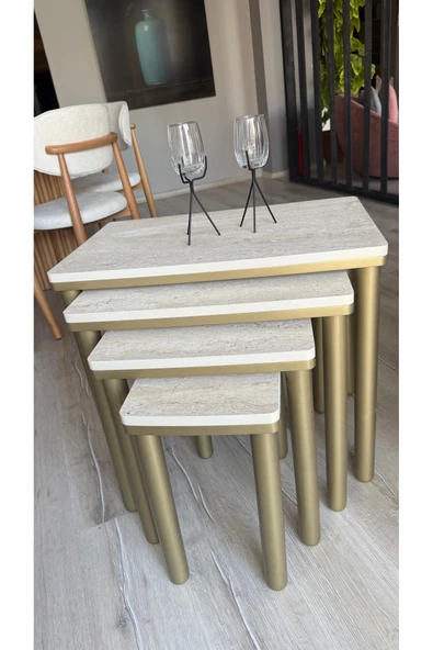 4LÜ BOHEM ZİGON SEHPA TRAVERTEN BRONZ - Resim 3