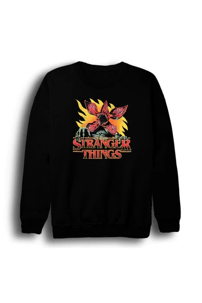 fame-stoned Stranger Things Demogorgon Baskılı Unisex %100 Pamuk Bisiklet Yaka Siyah Sweatshirt ürün görseli 1