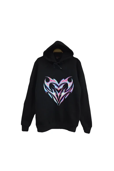 fame-stoned Irisdicent Hearth Baskılı Unisex %100 Pamuk Kapüşonlu Siyah Sweatshirt ürün görseli 1
