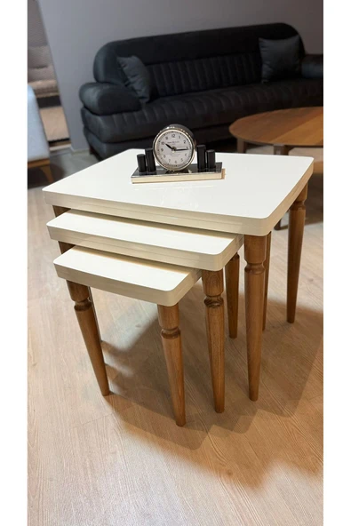 3lü Lüx Zigon Sehpa Full Krem Ceviz Ayak ürün görseli 1