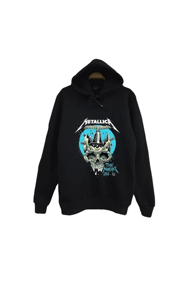 fame-stoned Metallica Baskılı Unisex %100 Pamuk Kapüşonlu Siyah Sweatshirt ürün görseli 1
