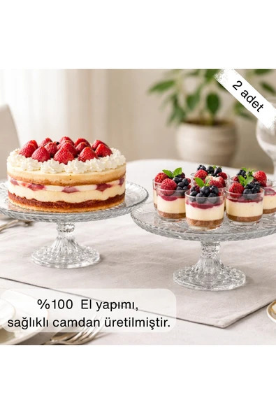 Selen Concept Damla Model Ayaklı Cam Yuvarlak Kek ve Pasta Sunumluk 2'li Set ürün görseli 1
