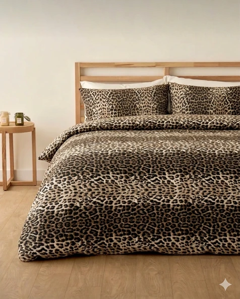 Leopar Desenli Çift Kişilik Lastikli Çarşaflı Nevresim Takımı ürün görseli 1