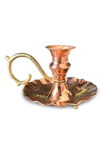 Bakır El Şamdanı Kulplu Antika Vintage Mumluk Şinanay ürün görseli 1
