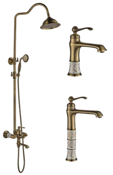 Victoria Porselen Desenli Antik Lavabo + Eviye Mutfak + Duş Seti Bataryası Seti (3 parça) ürün görseli 1