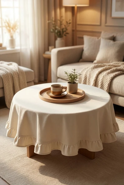 Fırfırlı Kenarlı Dekoratif Yuvarlak Fiskos Masa Örtüsü Krem 80 x 80 cm ürün görseli 1