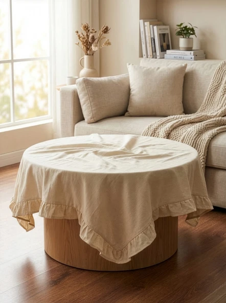 Fırfırlı Kenarlı Dekoratif Kare Fiskos Masa Örtüsü Krem 80 x 80 cm ürün görseli 1
