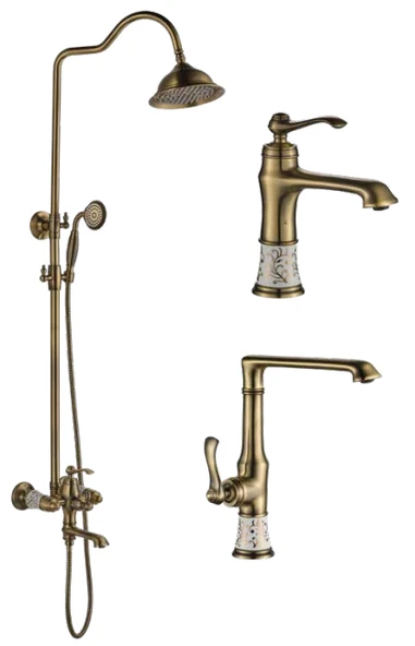 Victoria Porselen Desenli Antik Lavabo + Eviye Mutfak + Duş Seti Bataryası Seti (3 parça) ürün görseli 1
