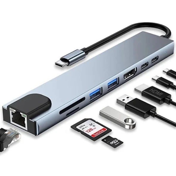 Type C Girişli 8 Port Dönüştürücü Ve Çoklayıcı ürün görseli 1