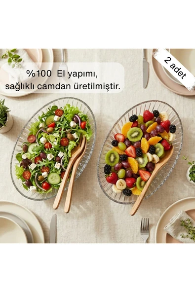 Selen Concept Damla Model El Yapımı Cam Salata Kasesi ve Meyvelik 2'li Set ürün görseli 1