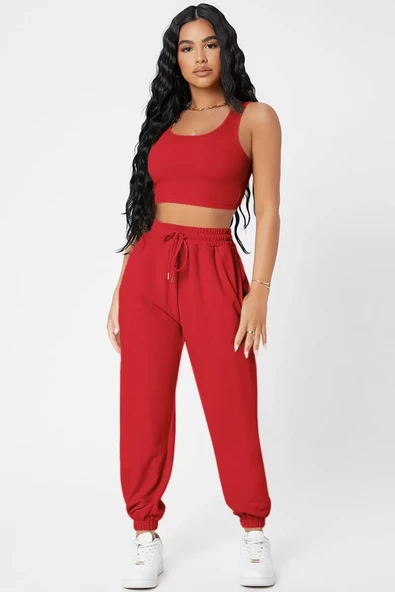 Kadın Kırmızı Kaşkorse Cepli Jogger Eşofman Altı ve Crop Top Bluz ürün görseli 1