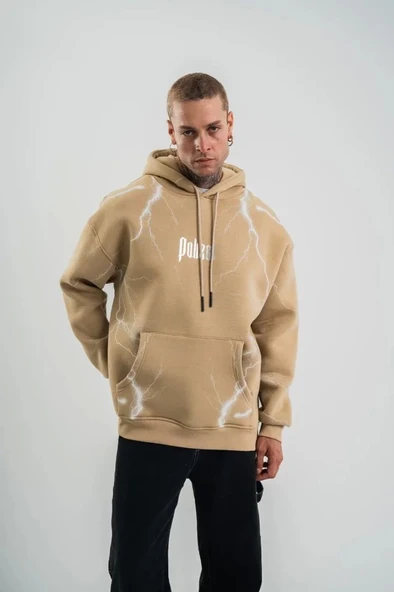 Erkek Şimşek Baskılı Kapşonlu Sweatshirt Üç İplik Pamuklu Kanguru Cepli Double Oversize Hoodie - Bej ürün görseli 1