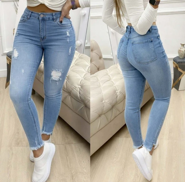 Kadın Yüksek Bel Yırtık Desenli Skınny Kot Pantolon ürün görseli 1