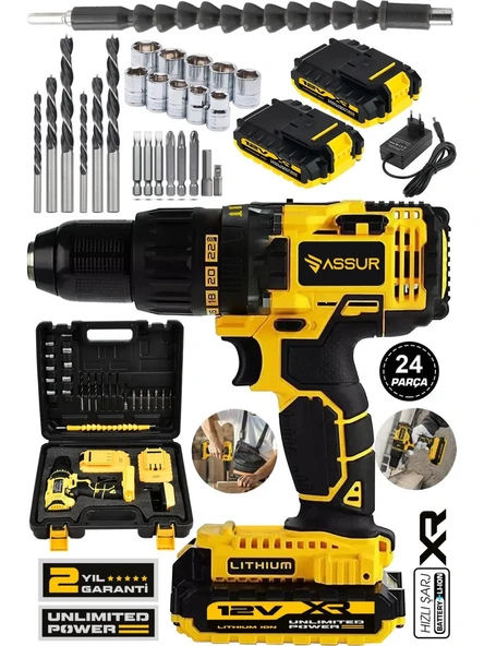 Assur Plus 12V 1.5AH Metal Şanzıman Çift Akülü Şarjlı Darbeli Matkap 24 Parça Akülü Vidalama ürün görseli 1